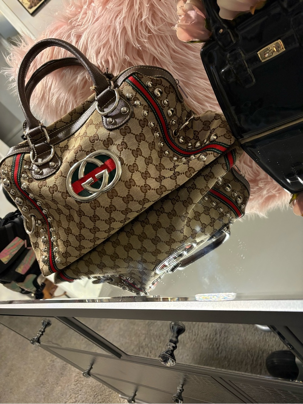 Brown GG Canvas Studded Satchel with Red & Green Web - Picture 3 of 12